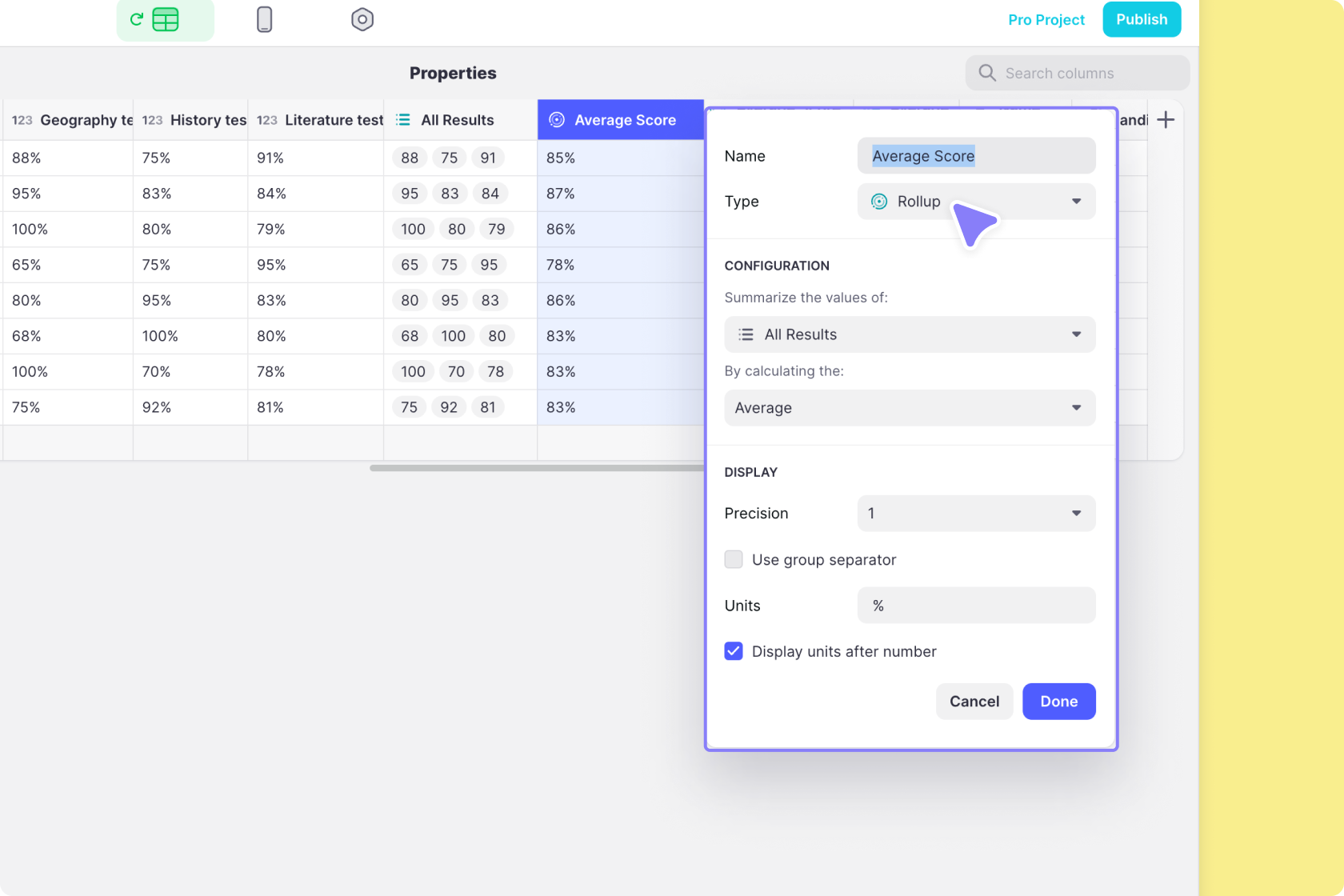 Using a Rollup column to calculate the average of the numbered items in an array