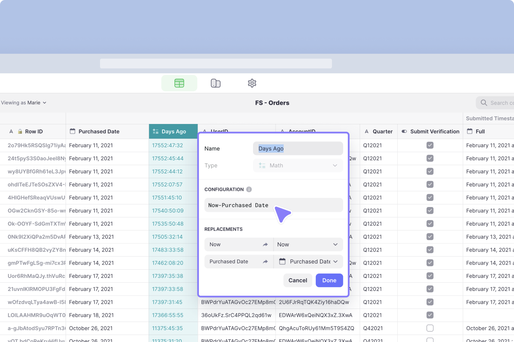 Configuring the Date & Time match Column