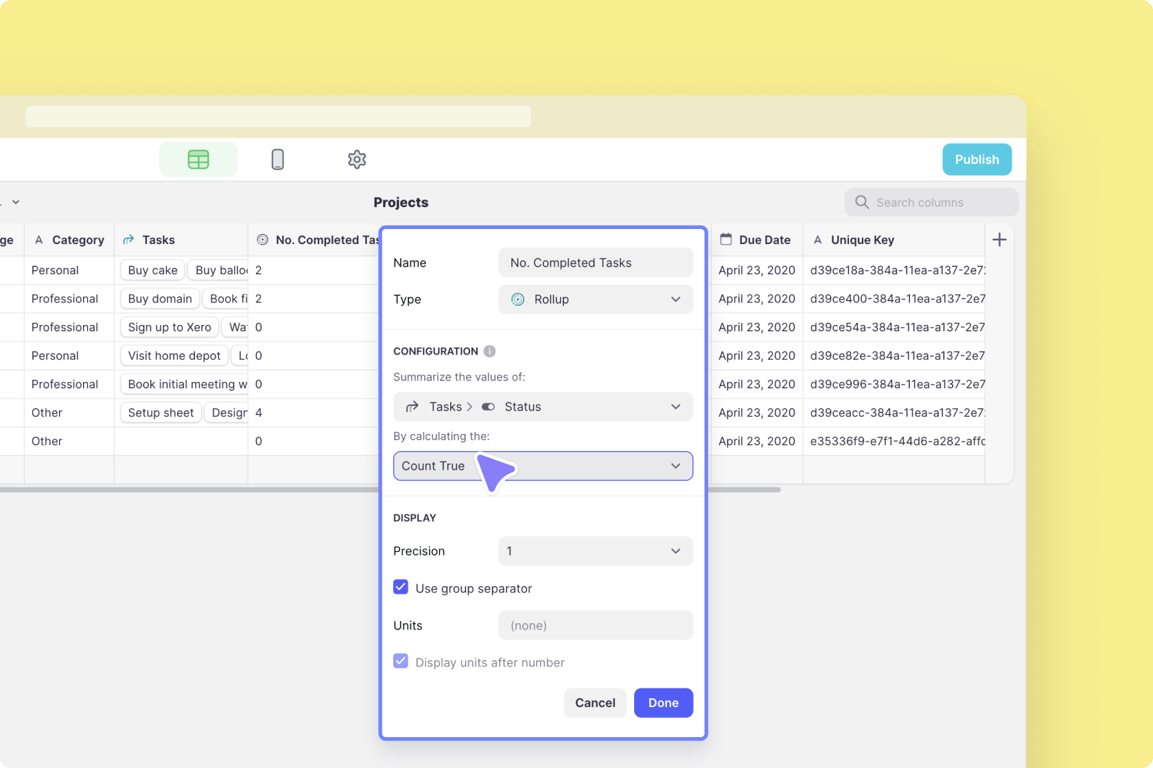 Creating a Rollup Column that counts all the tasks with the values of TRUE
