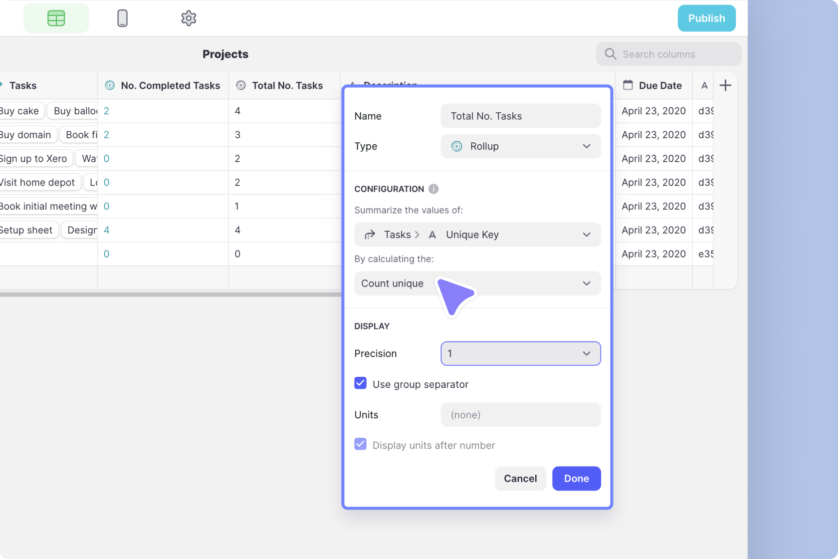 Creating a Rollup Column that counts all the unique tasks