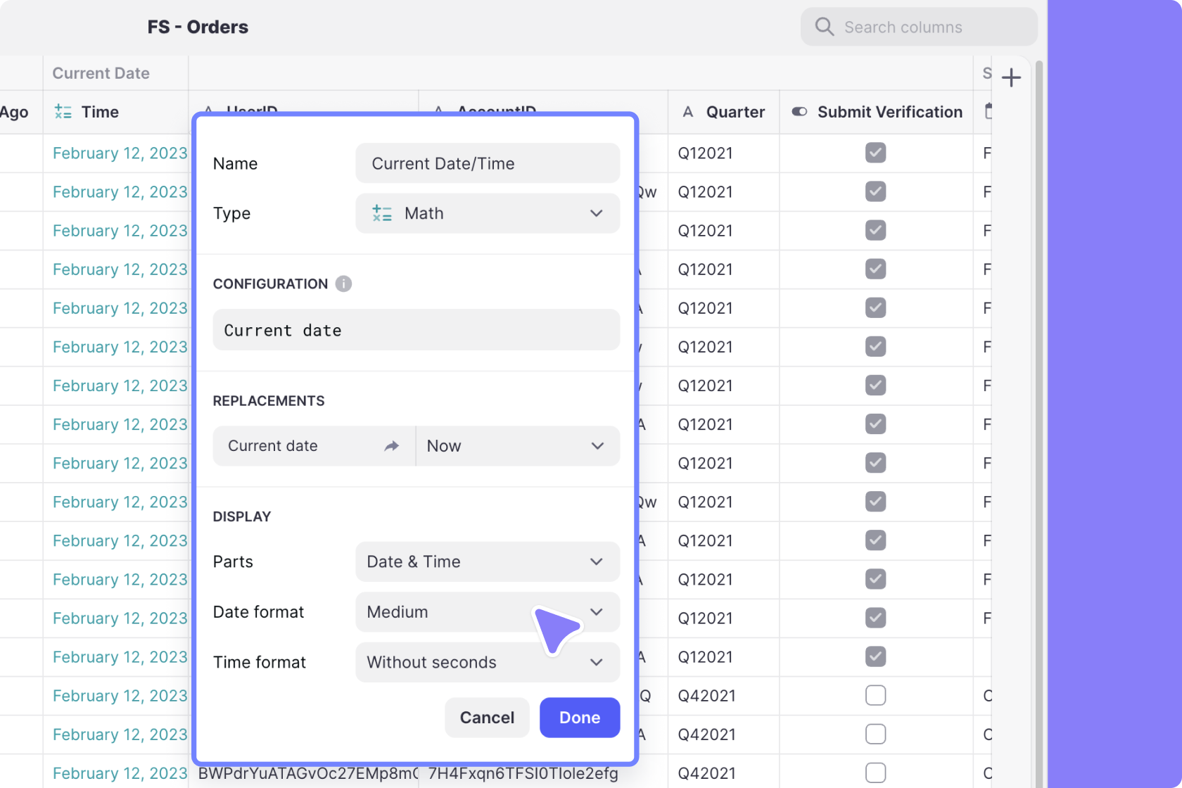 Formatting the Date & Time Math Column