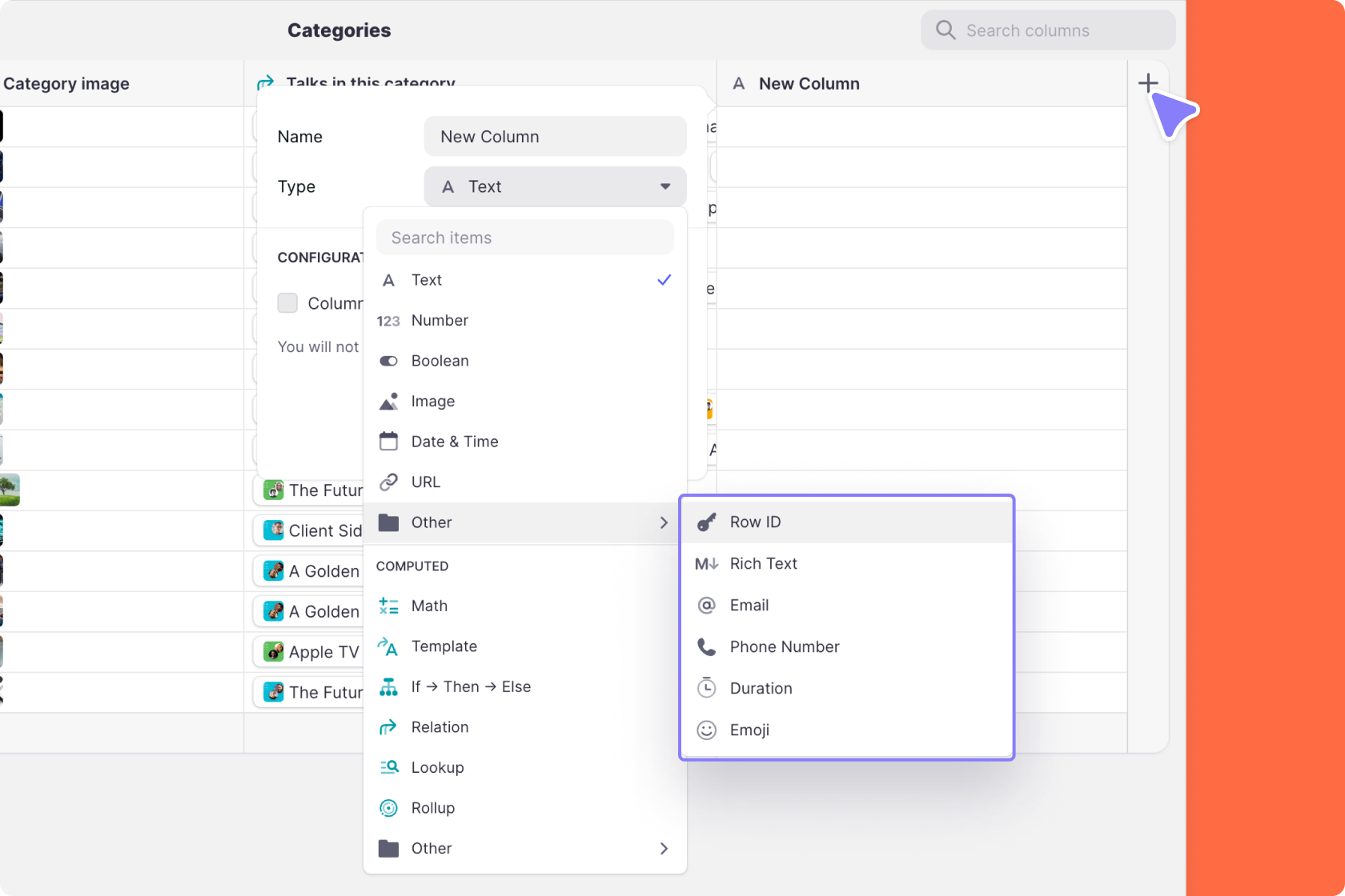 Select the plus icon to add a Row ID column