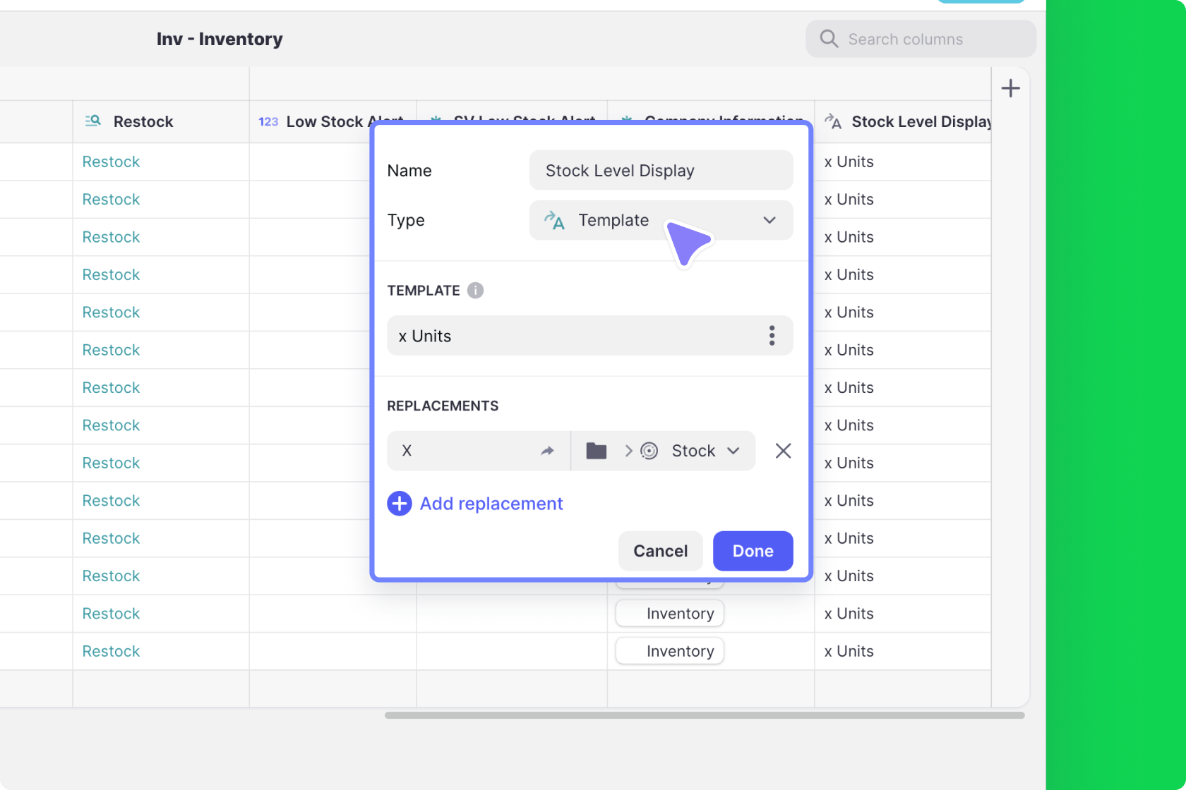 Configuring the Template Column