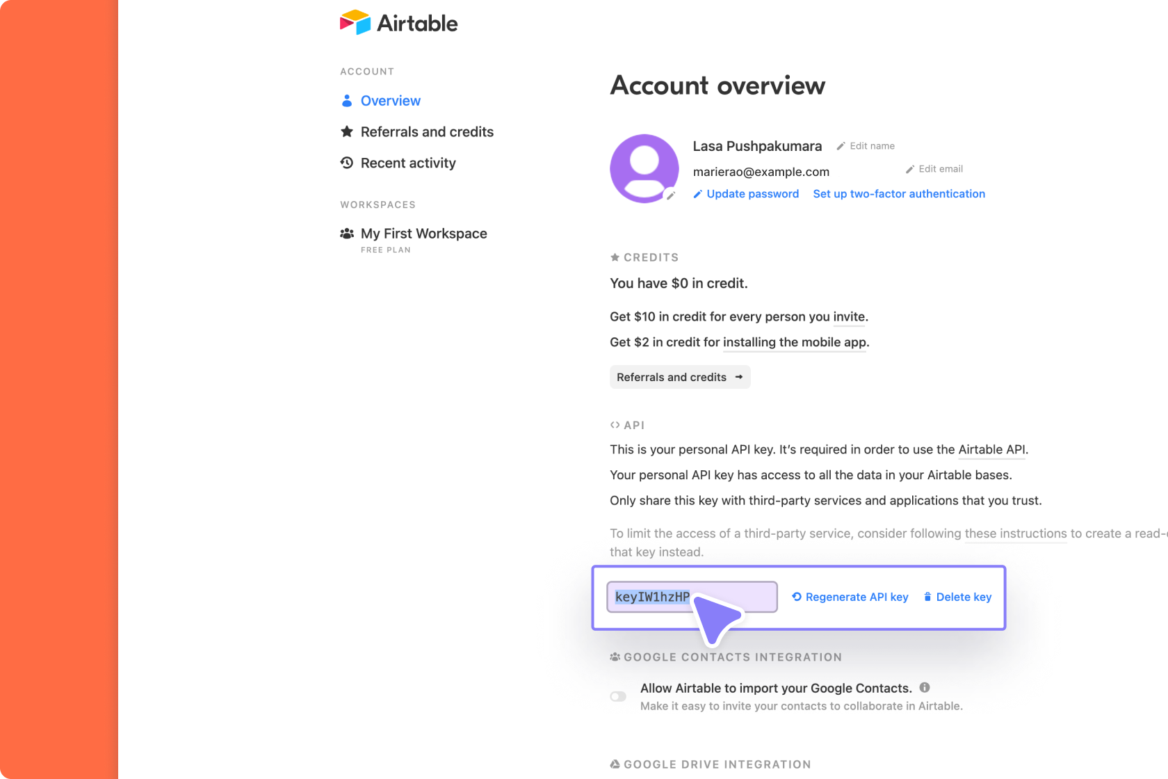 Copying the API key from your Airtable account