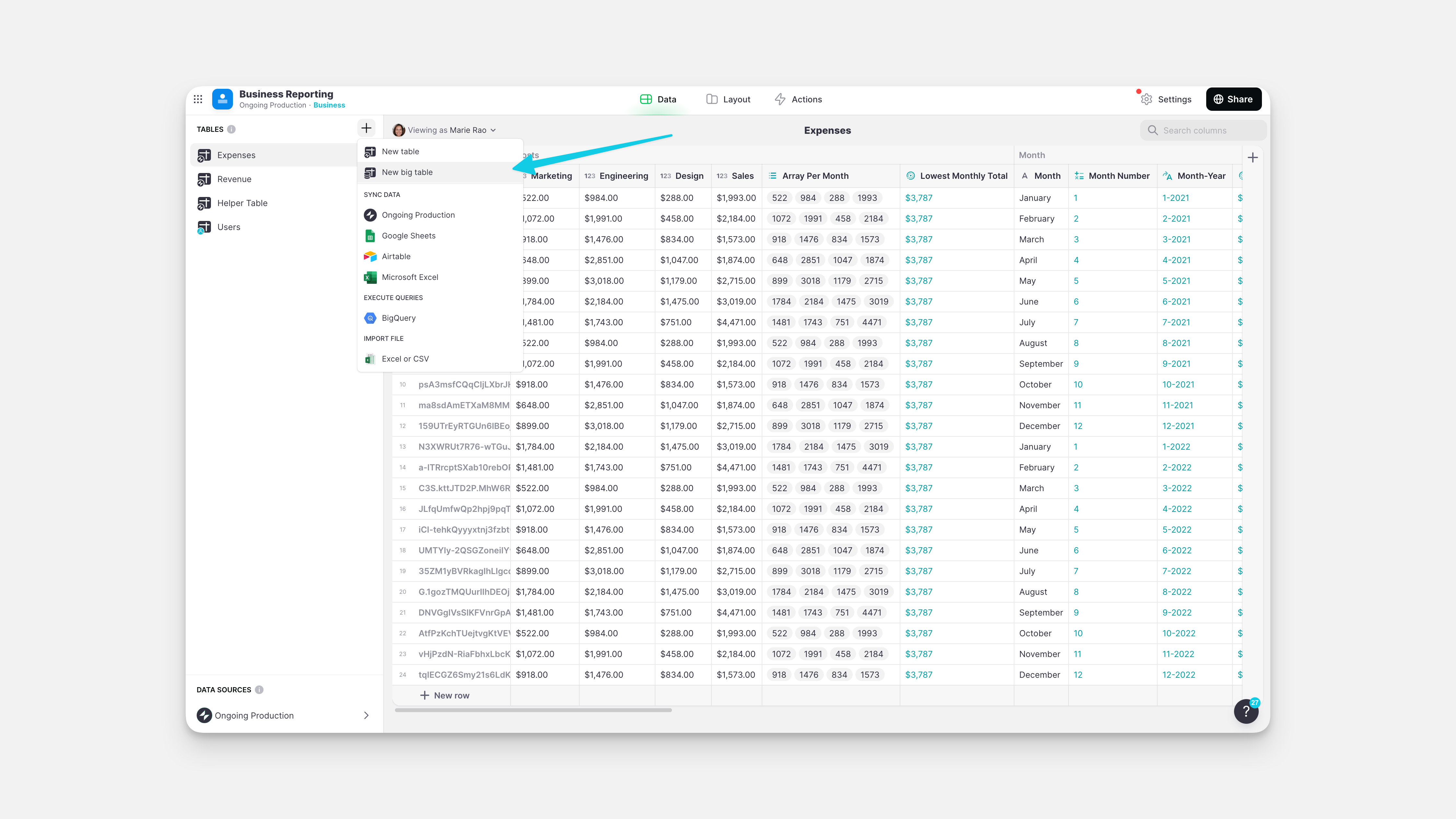 Adding a Big Table to the project 
