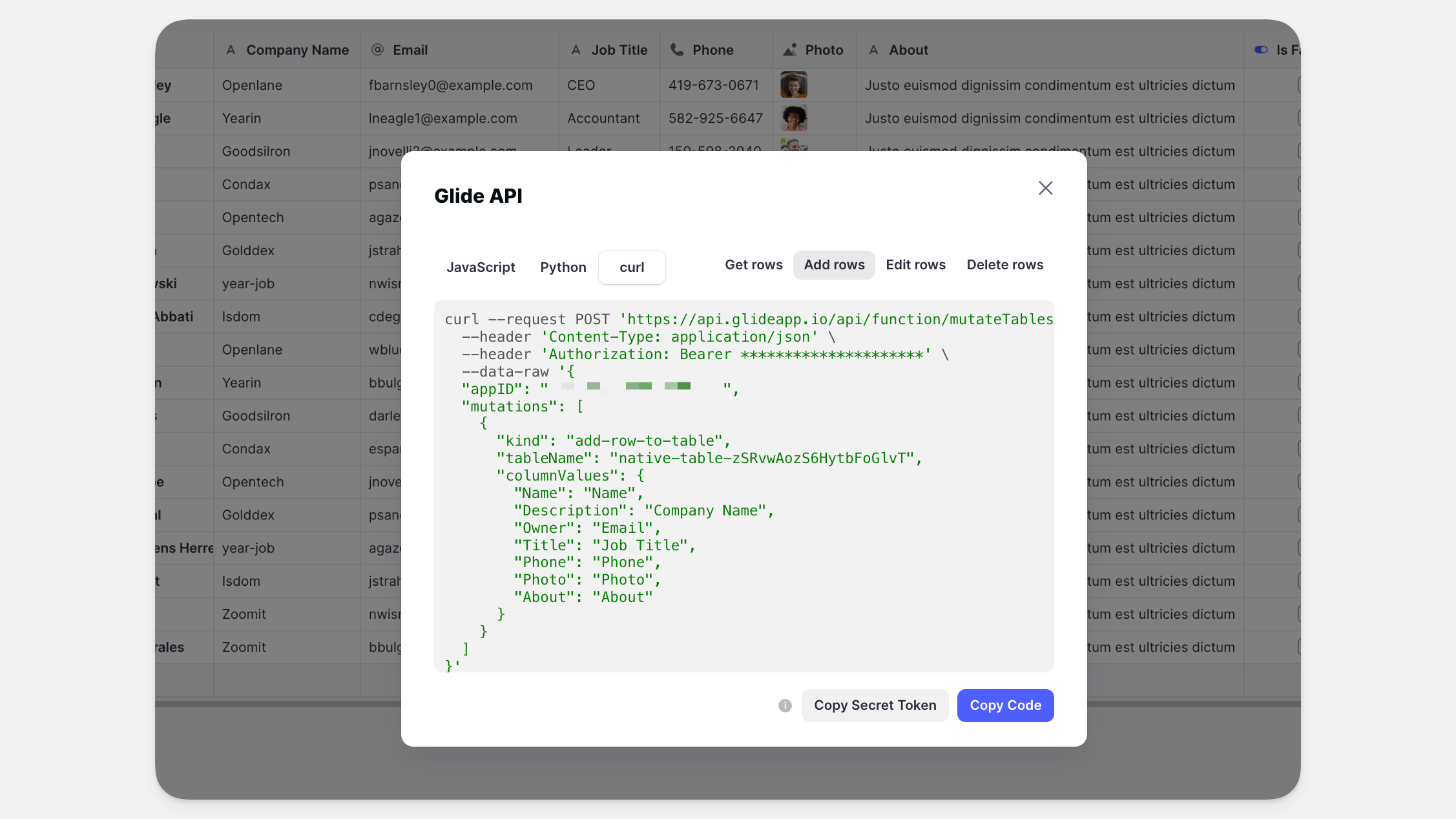 Configuring Add Row API key
