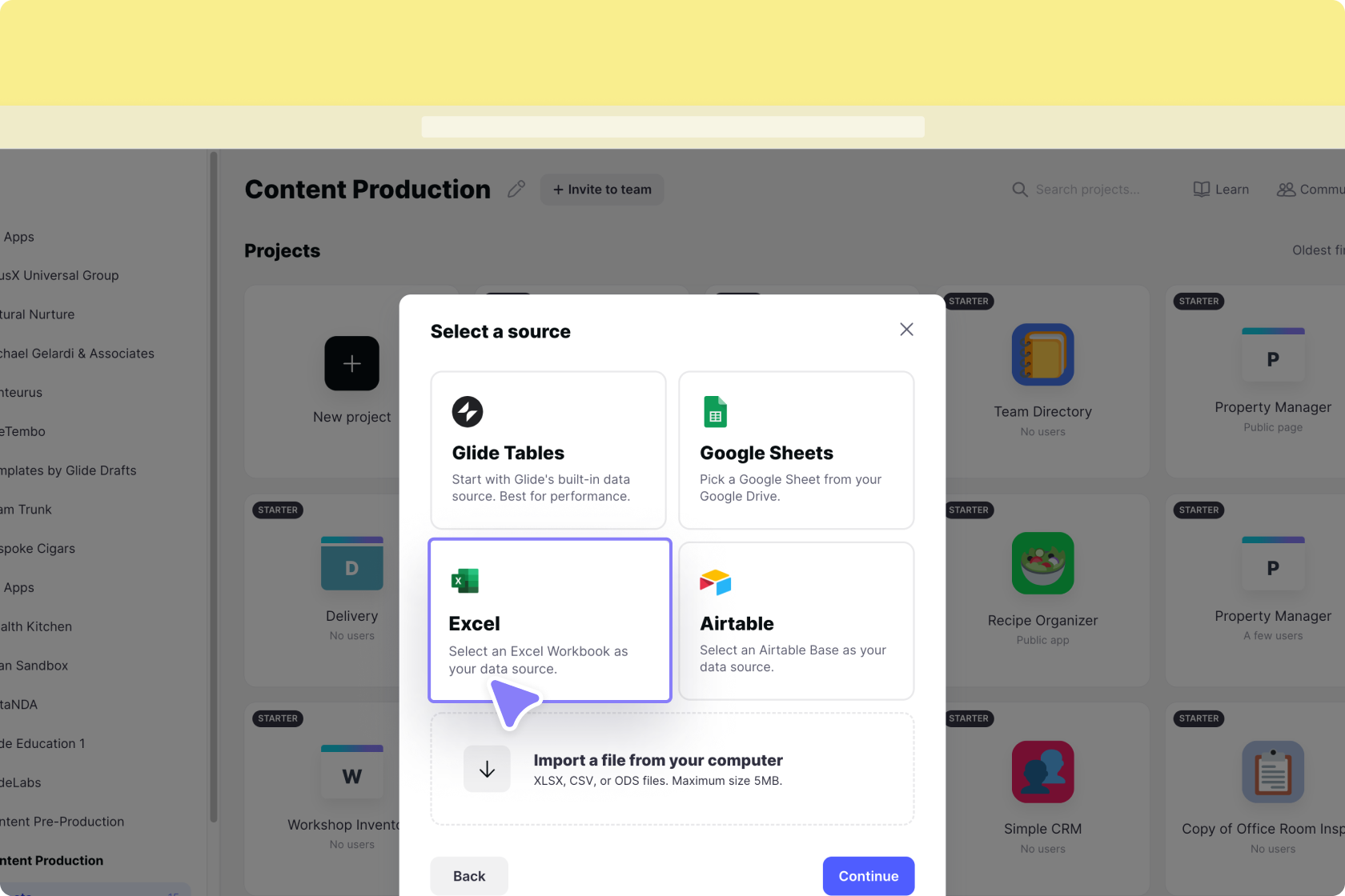 Choosing Excel as your data source