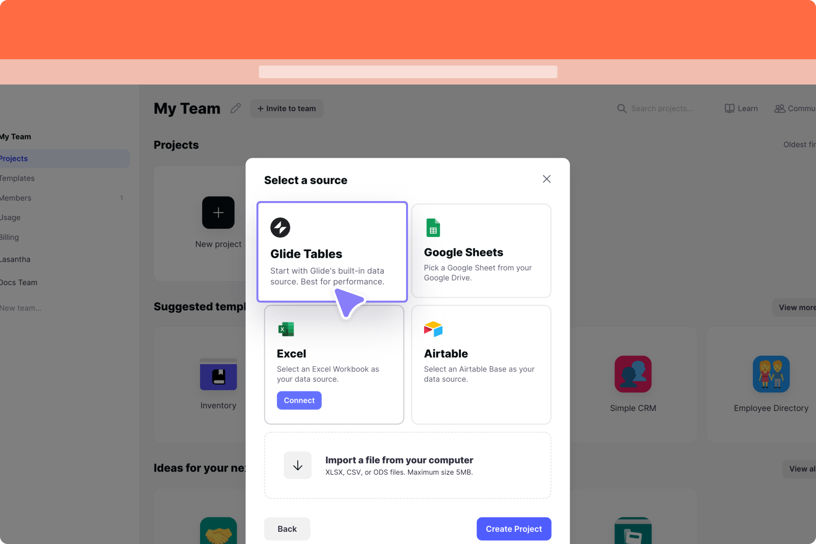 Select Glide Tables as the data source