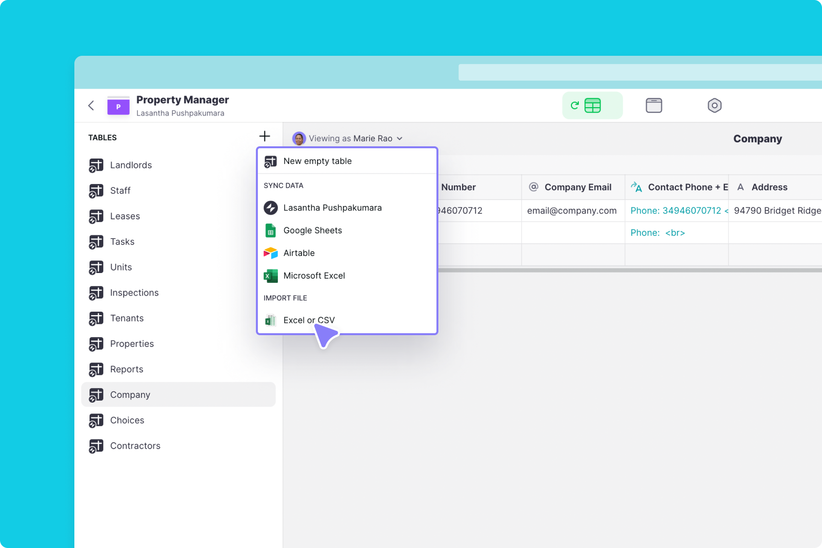 Import an Excel or CSV file and Glide creates a table