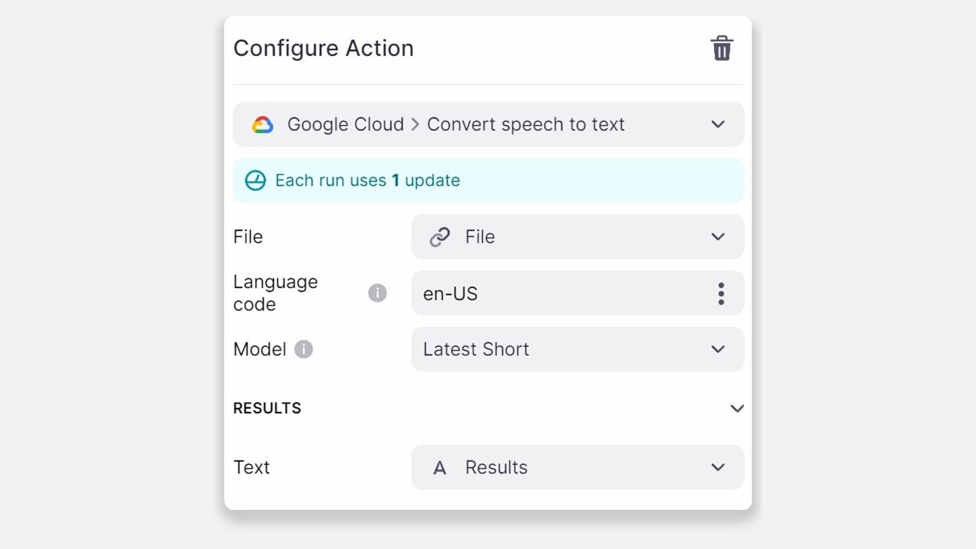 Configuring the Convert speech to text Action