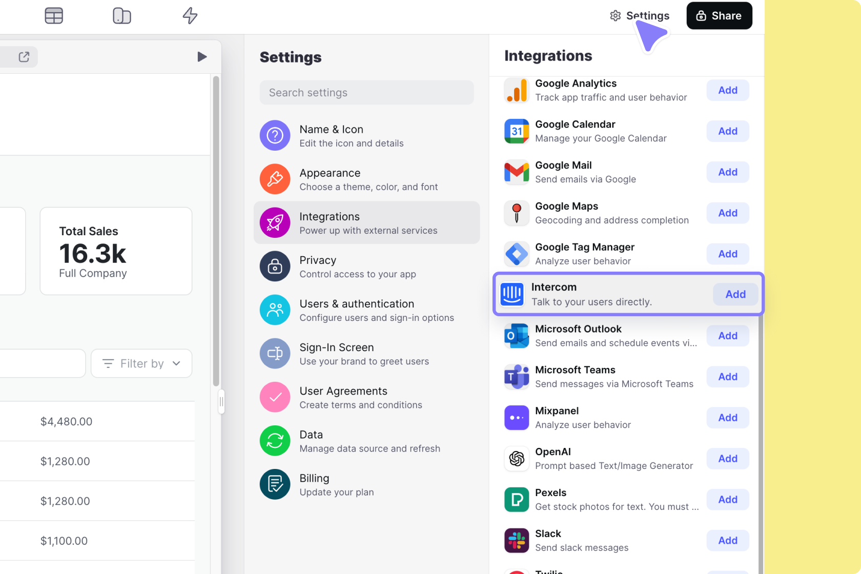 Adding the Intercom integration
