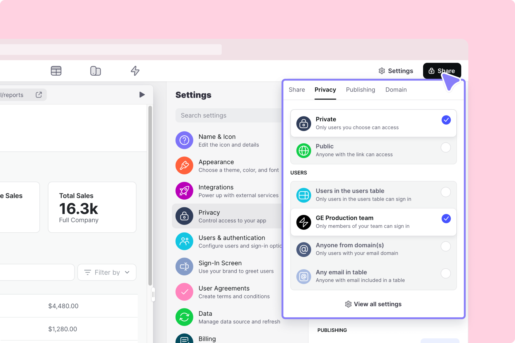 Sharing the app in private mode
