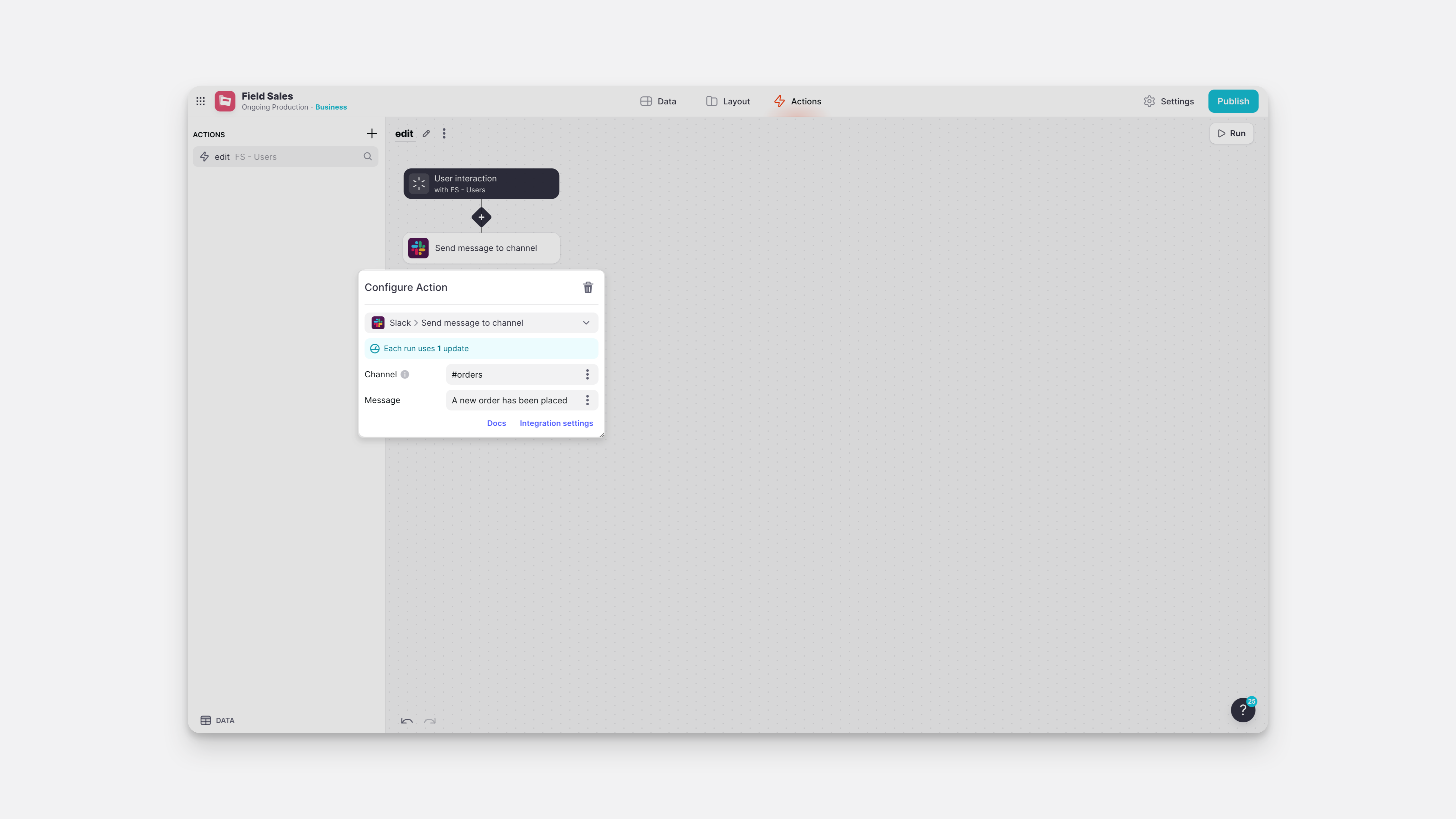 Configuring the Slack Integration in the Action Editor