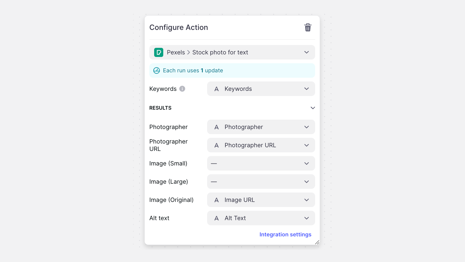 Configuring the Pexels Action