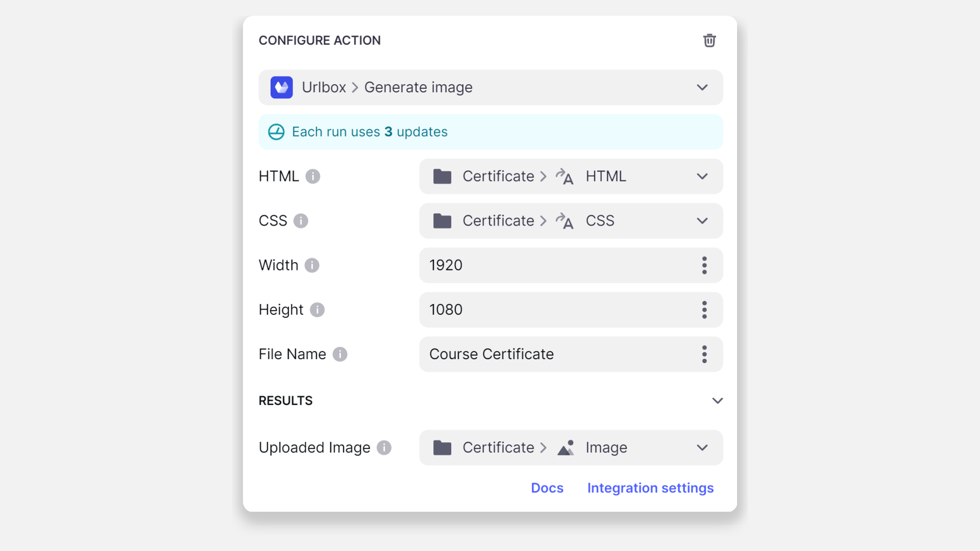 Configuration for the Generate image action