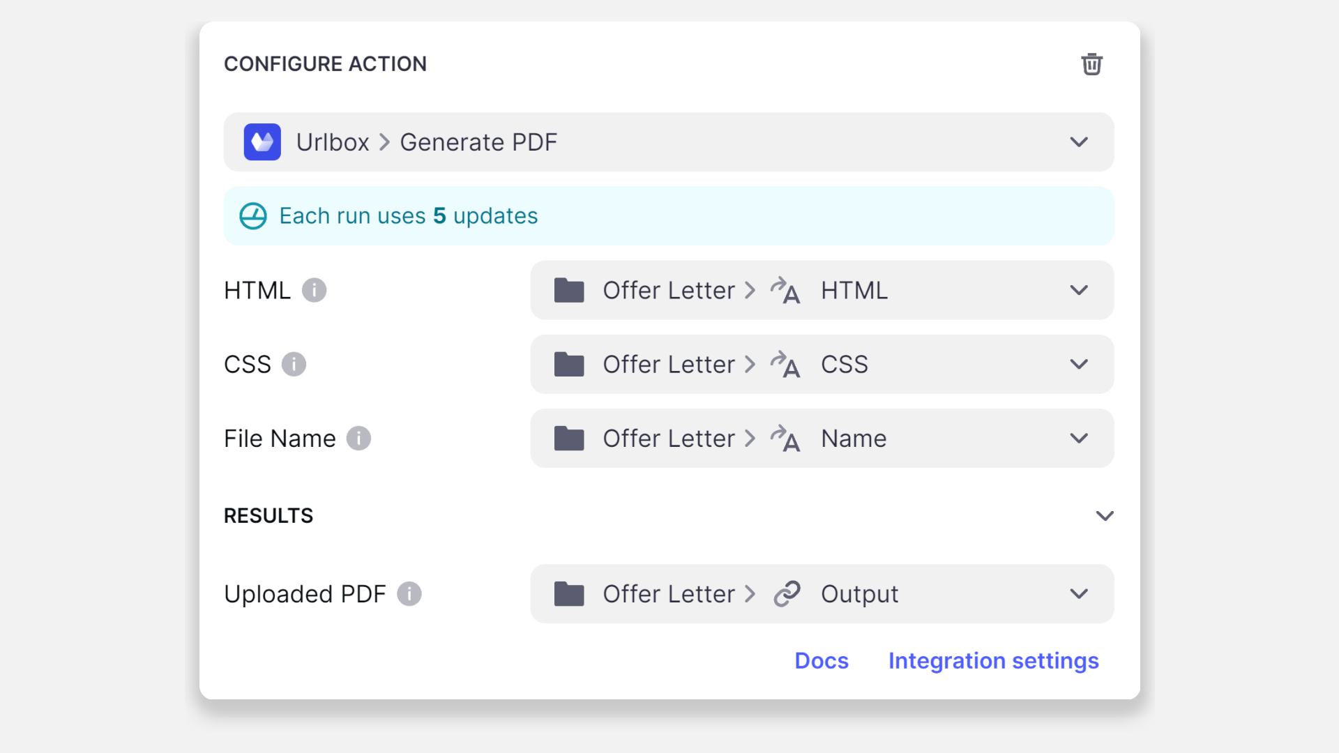 Configuration for the Generate PDF action.