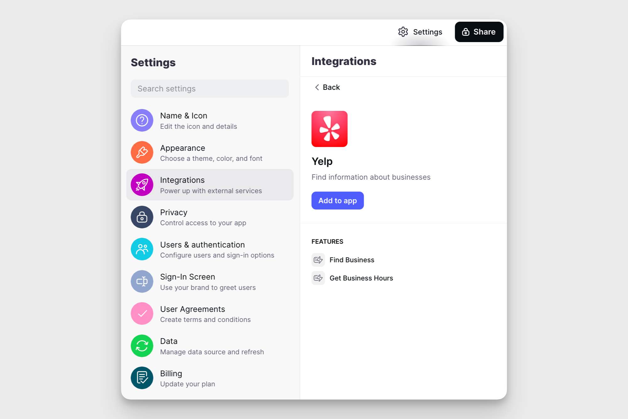Adding the Yelp Integration to your Glide Project