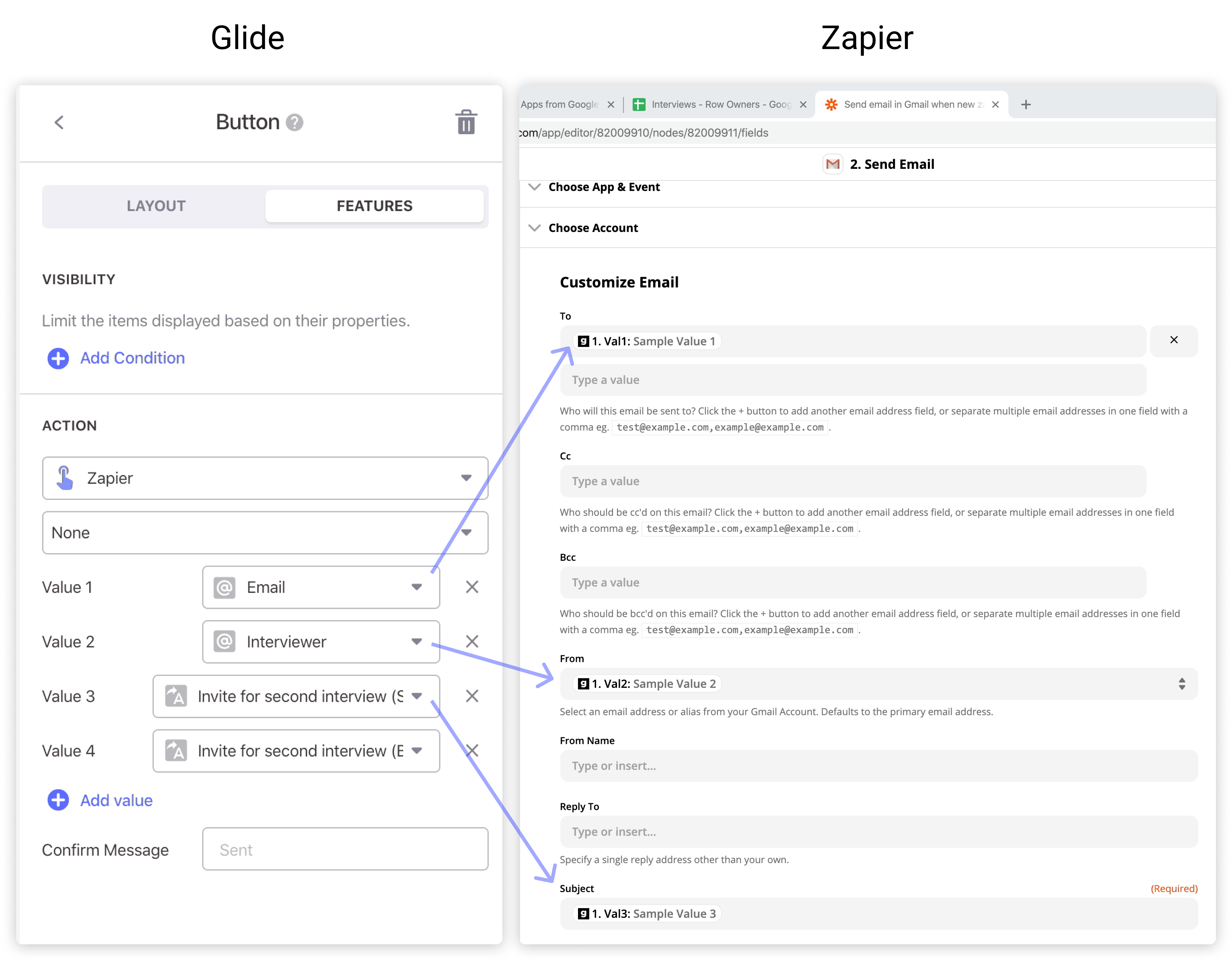 A comparison showing how values are passed between Glide & Zapier