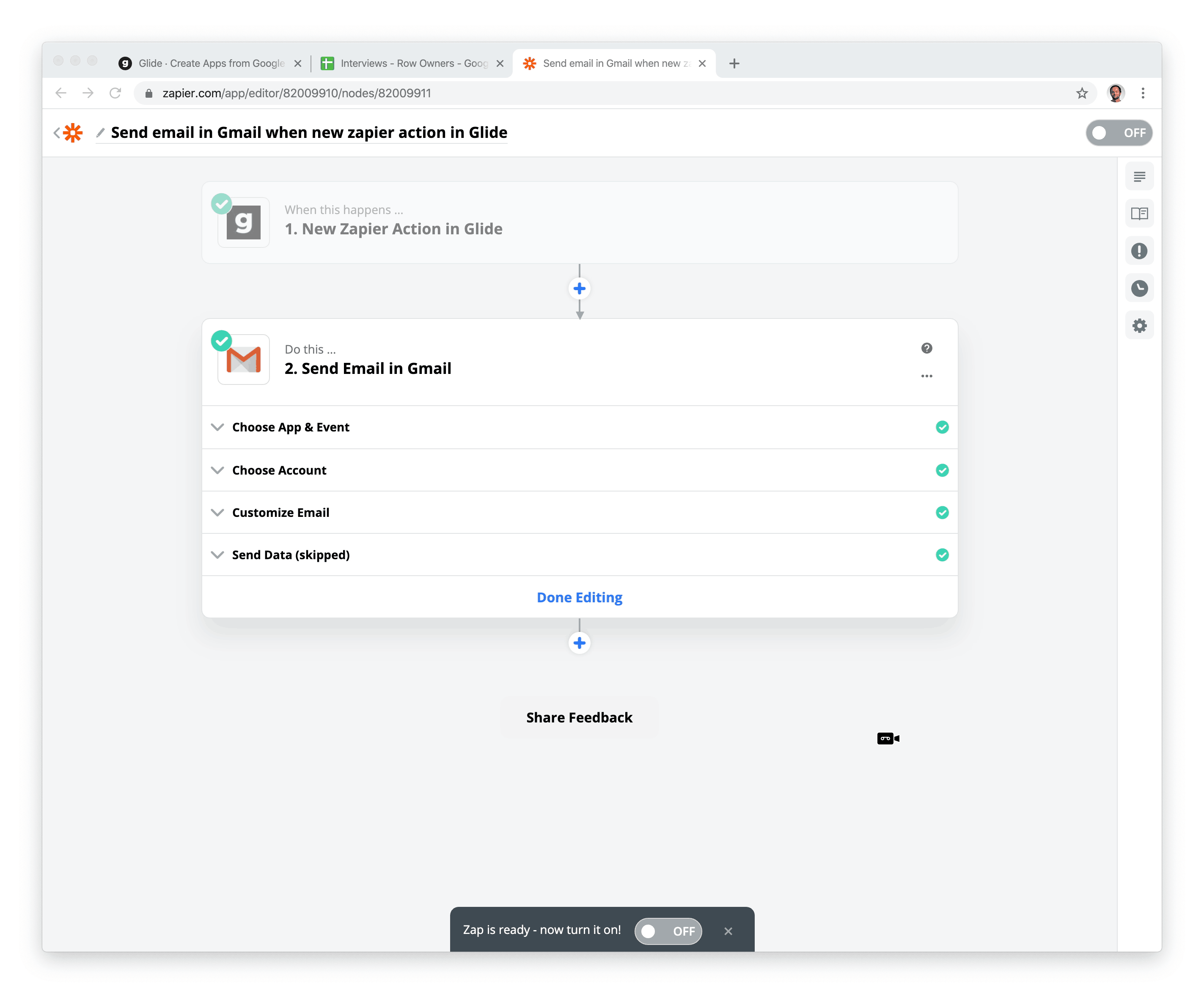 Turning on a Zap after completing all steps