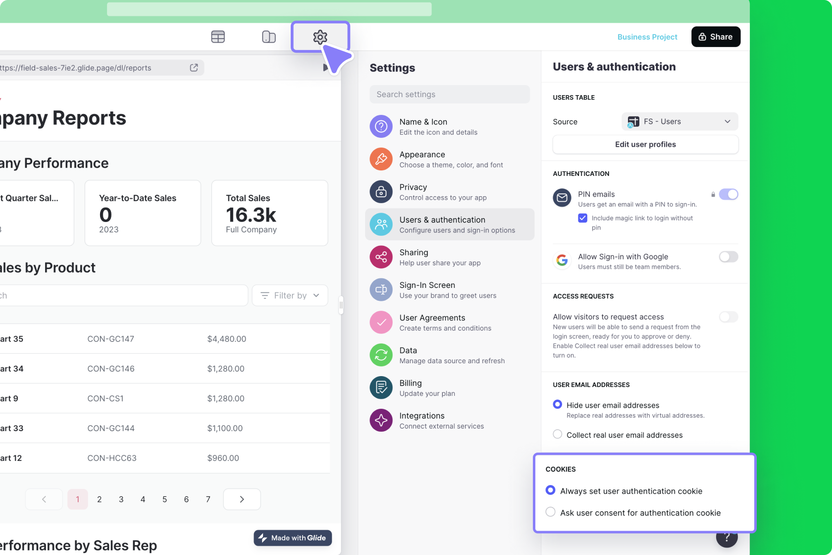 Configuring the cookies setting in projects