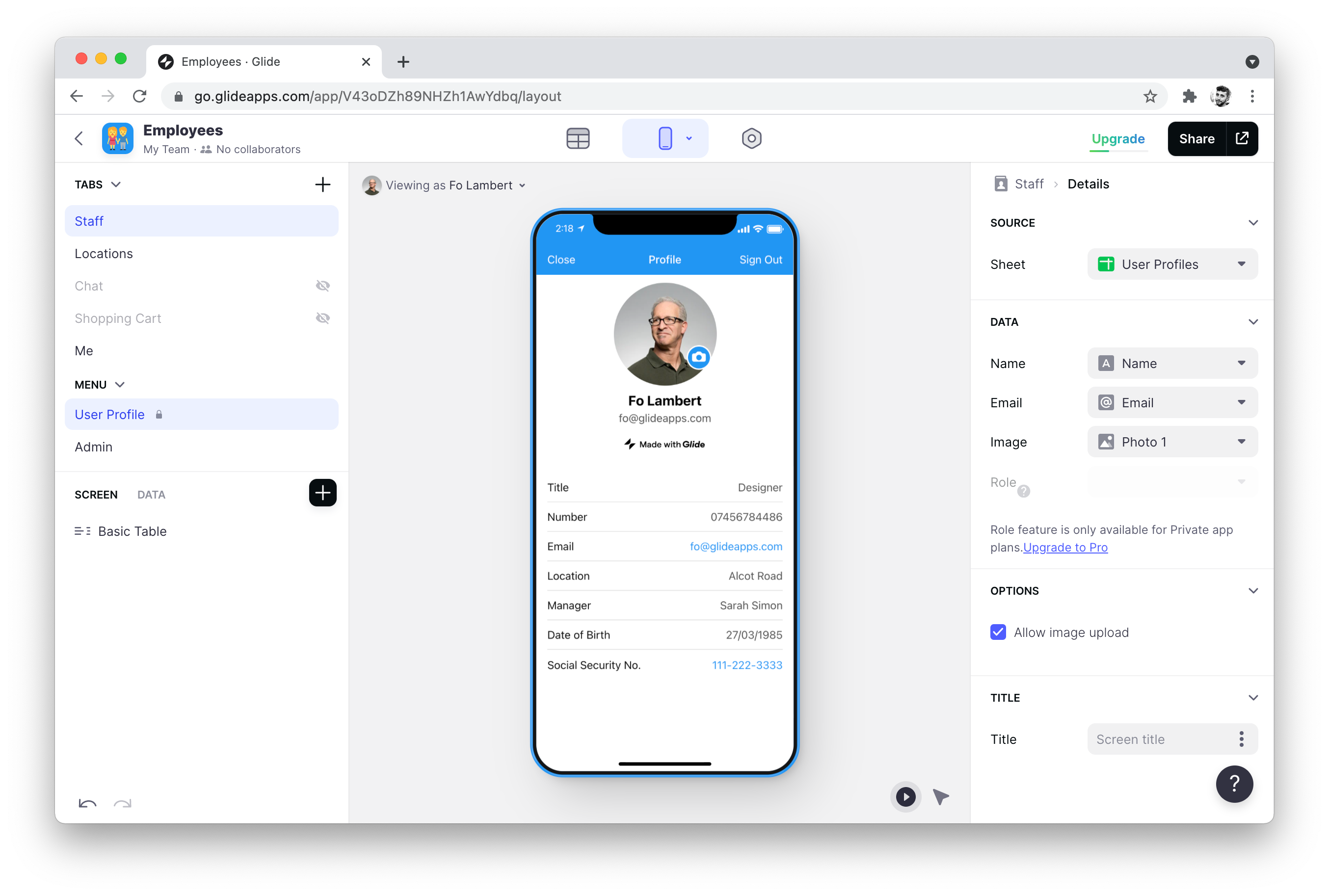 Configuring the user profile screen