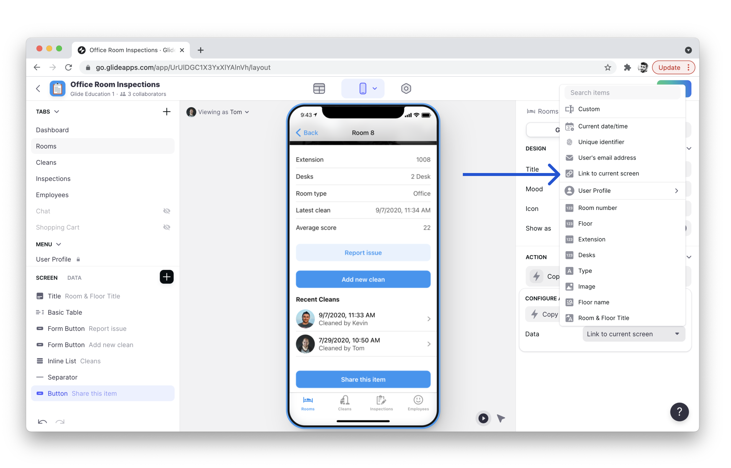 Link to current screen